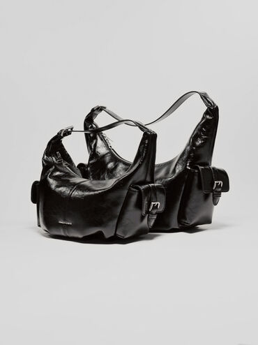 Bessie Side-Pocket Hobo Bag, Noir, hi-res