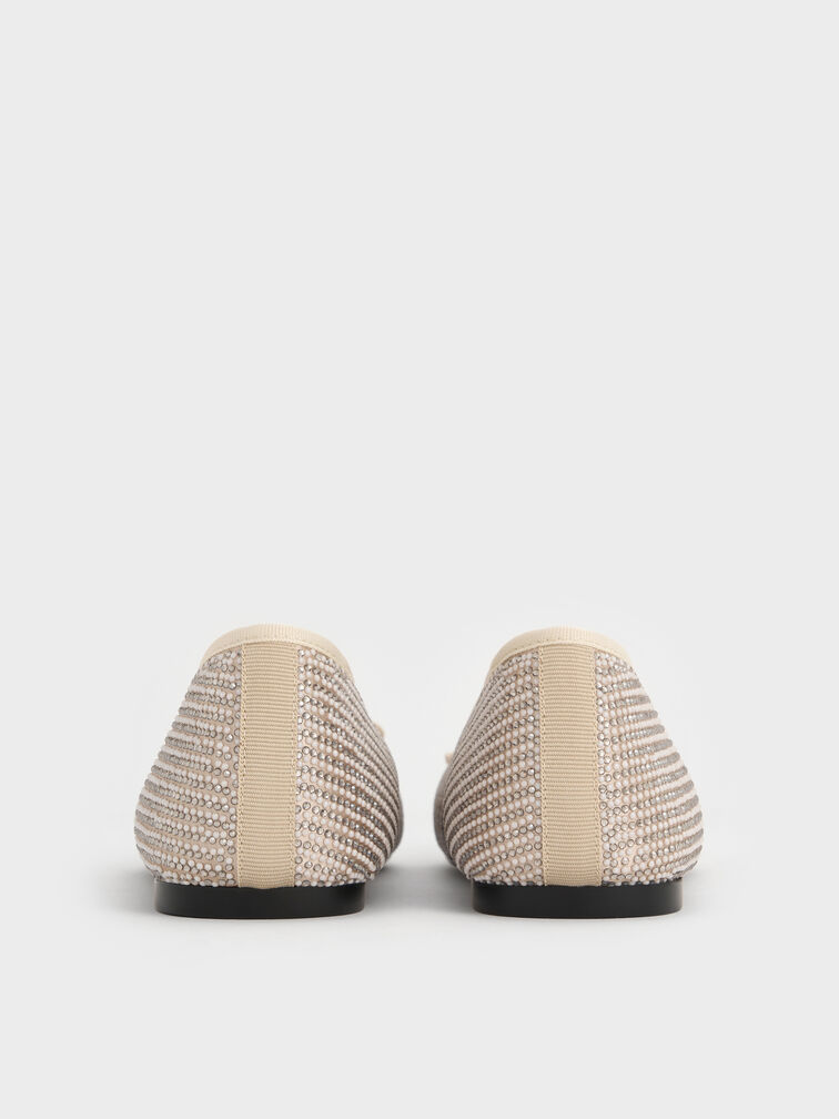 Satin Crystal-Pearl Bow Ballet Flats, Gold, hi-res