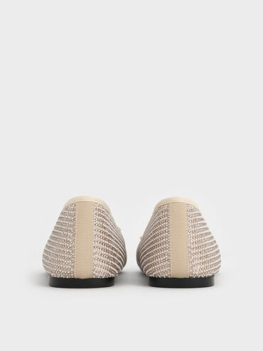 Satin Crystal-Pearl Bow Ballet Flats, Gold, hi-res