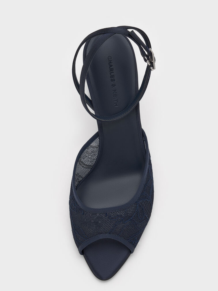 Lace & Satin Peep-Toe Heels, Dark Blue, hi-res