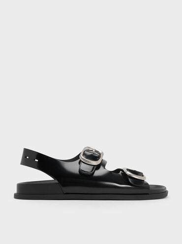 Buckled Double-Strap Slingback Sandals, Black Boxed, hi-res