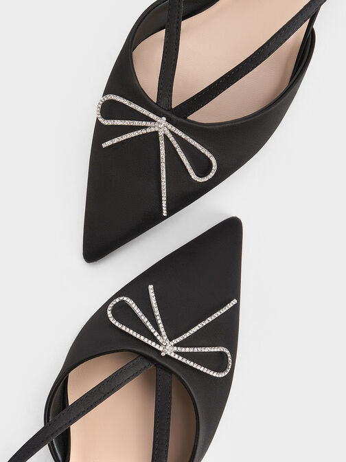 Crystal-Bow Kitten-Heel Slingback Pumps, Black Textured, hi-res