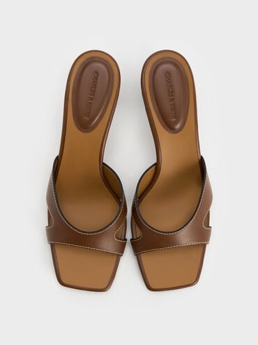 Cut-Out Square-Toe Heeled Mules, Cognac, hi-res