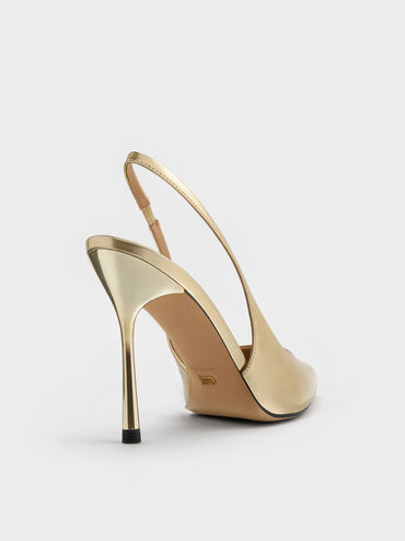 Metallic Leather Slingback Stiletto Pumps, Gold, hi-res