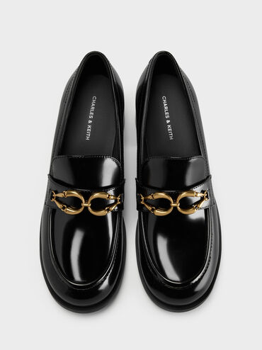 Metallic-Buckle Loafer Pumps, Black Boxed, hi-res