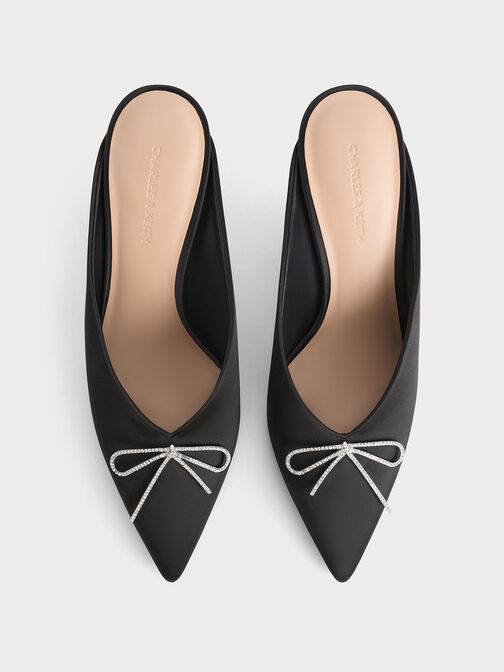 Crystal-Bow Pointed-Toe Heeled Mules, Black Textured, hi-res