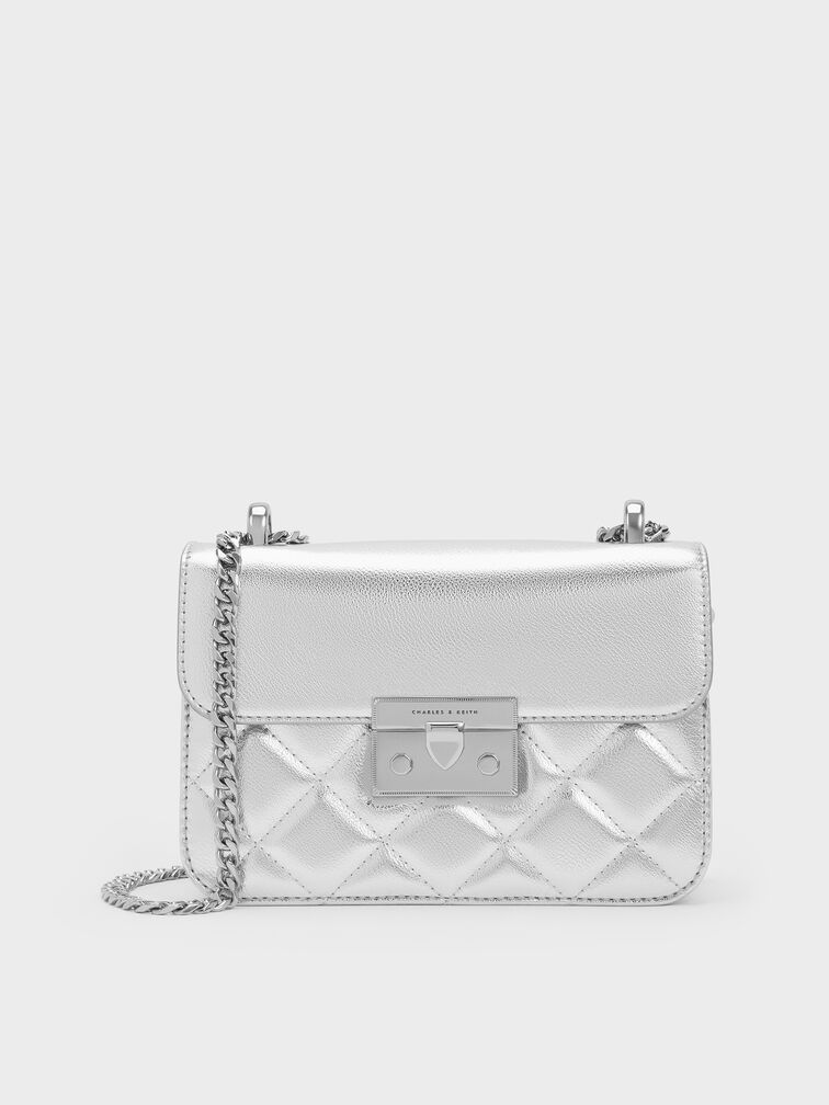 Alva Metallic Quilted Chain-Handle Bag, Silver, hi-res