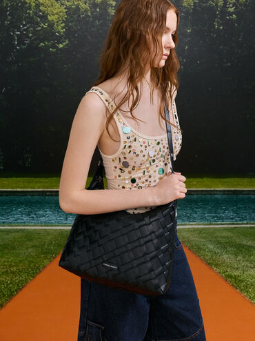 حقيبة هوبو إيفيت منسوجة بشرابات, أسود كلاسيكي, hi-res