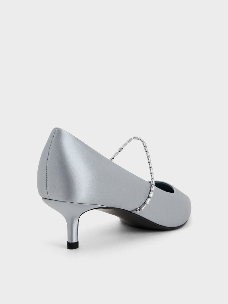 Satin Embellished-Strap Pointed-Toe Pumps, Blue, hi-res