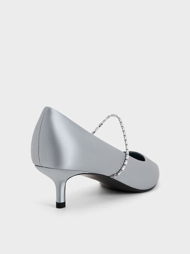 Satin Embellished-Strap Pointed-Toe Pumps, Blue, hi-res