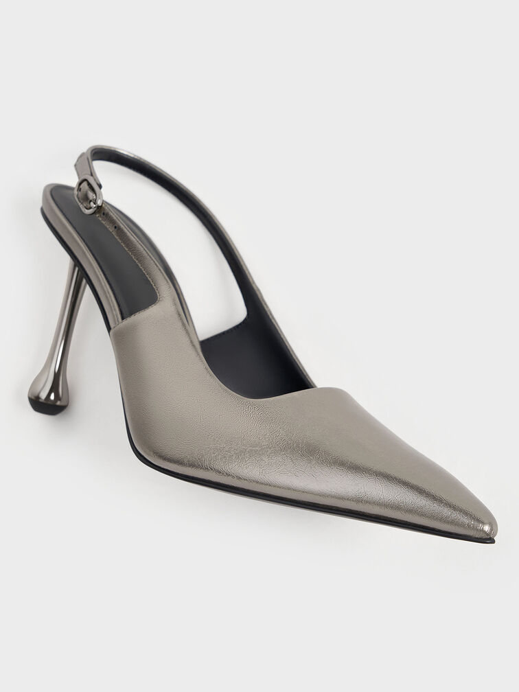 Metallic Sculptural-Heel Pointed Pumps, Pewter, hi-res
