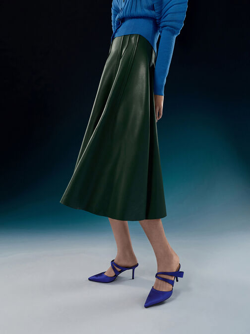 Satin Pleated-Strap Heeled Mules, Blue, hi-res