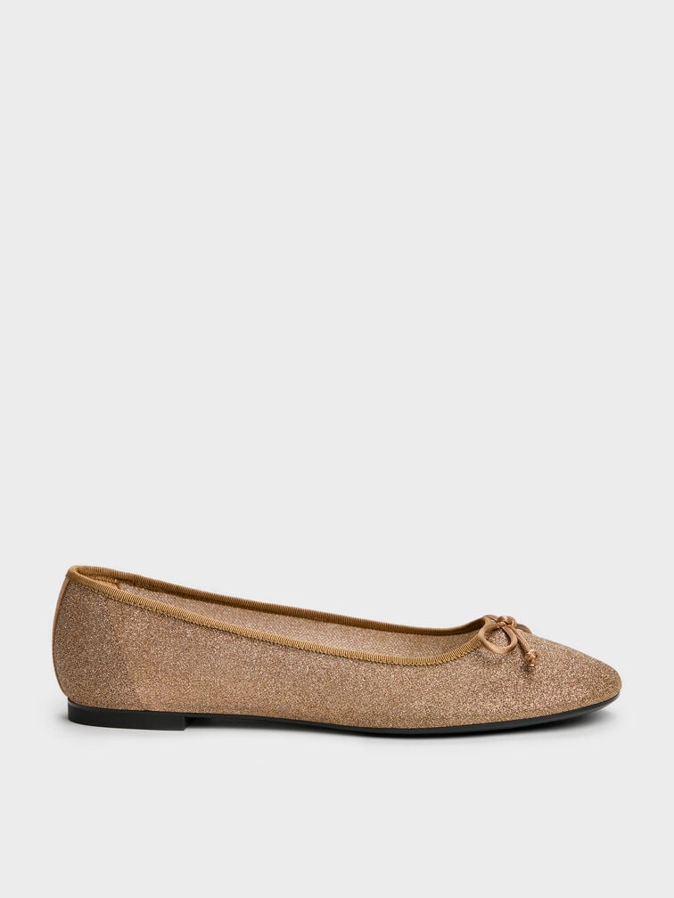 Glittered Mesh Bow Ballet Flats, Brown, hi-res