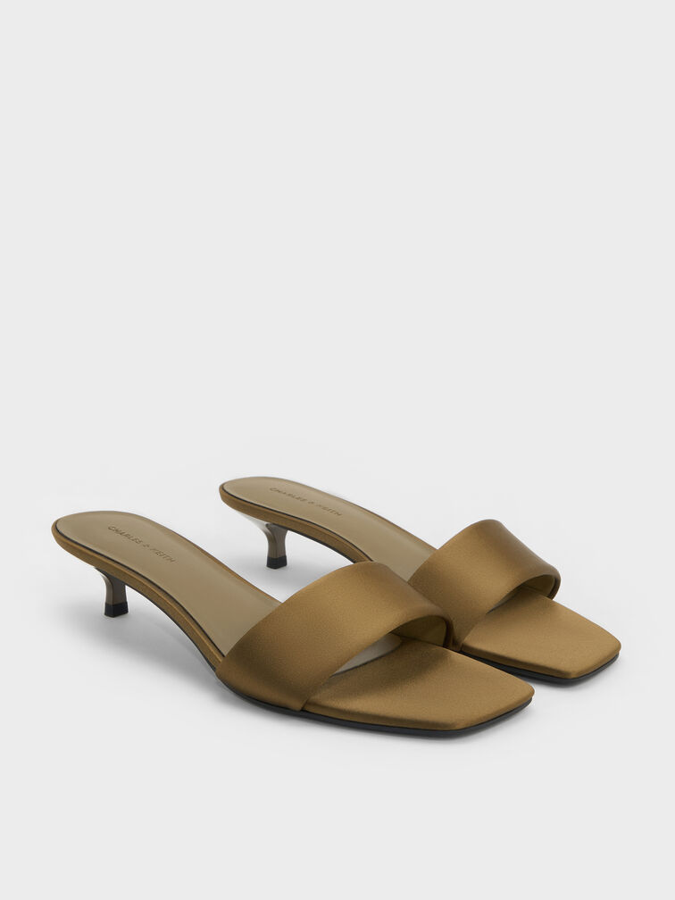 Susie Satin Kitten-Heel Mules, Olive, hi-res