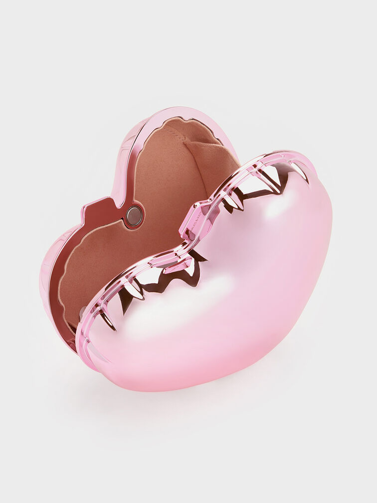 حقيبة كروس بودي بمظهر معدني وتصميم على شكل قلب, وردي, hi-res