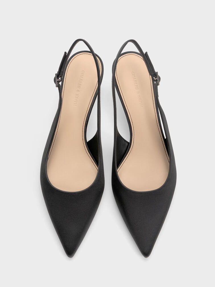 Pointed Crystal-Heel Slingback Pumps, Black Textured, hi-res