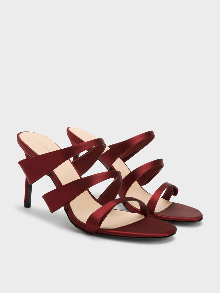 Satin Triple Pleated-Strap Stiletto Heels, Red, hi-res