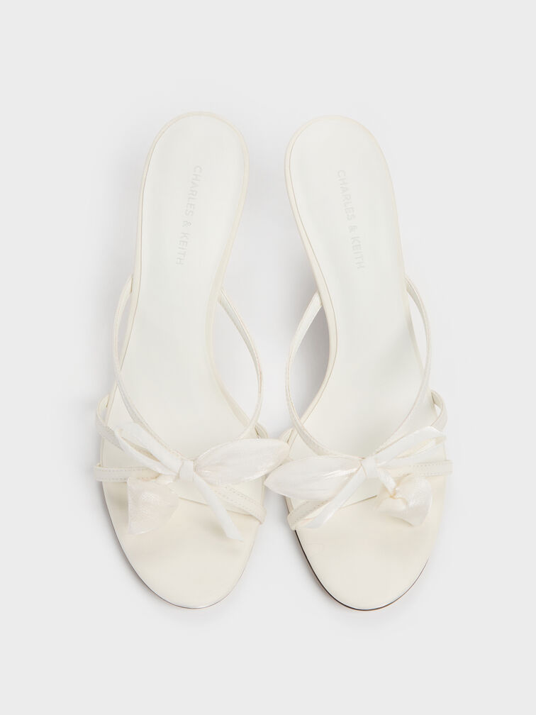 Bow Flower-Pearl Heeled Mules, White, hi-res