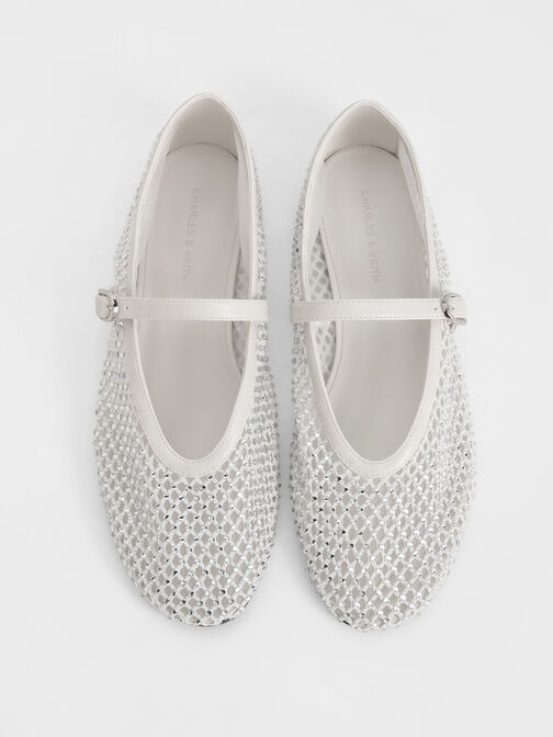 Maggie Mesh Crystal Mary Janes, White, hi-res