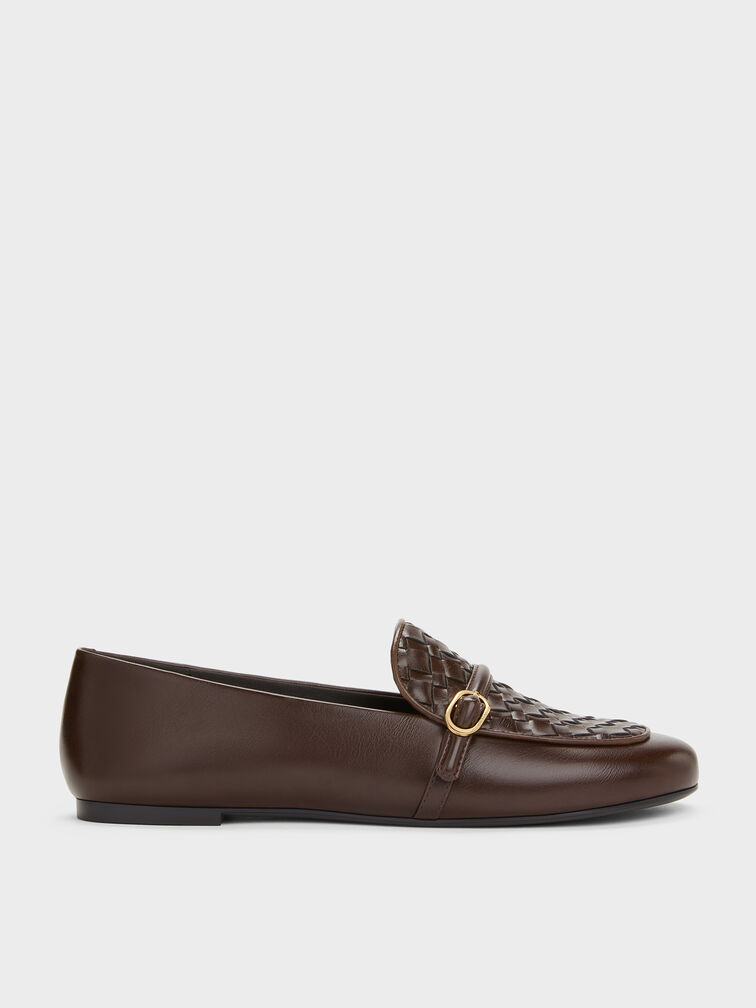 Woven Buckle-Strap Loafers, Dark Brown, hi-res