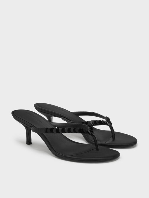 Briella Sequinned Heeled Thong Sandals, Black Textured, hi-res