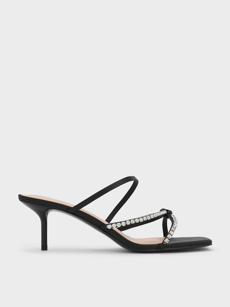 Gem-Embellished Strappy Heeled Sandals, Black Textured, hi-res