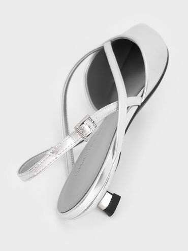Metallic V-Strap Slingback Kitten Heels, Silver, hi-res