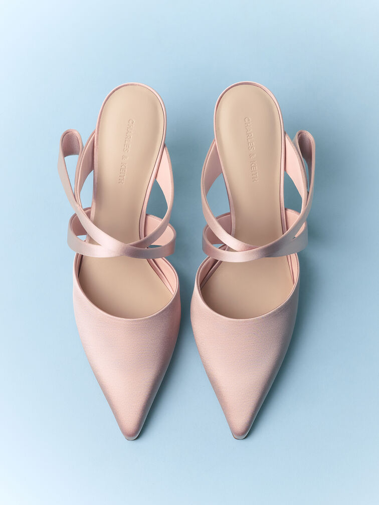 Satin Pleated-Strap Heeled Mules, Pink, hi-res