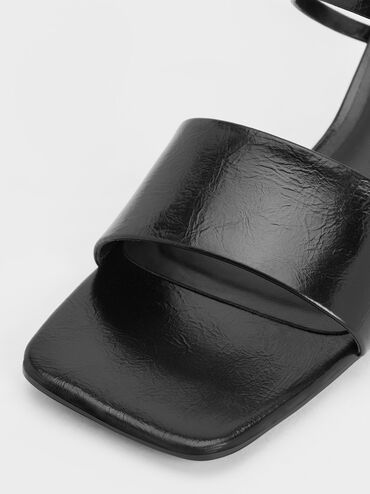 Crinkle-Effect Sculptural-Heel Mules, Black, hi-res