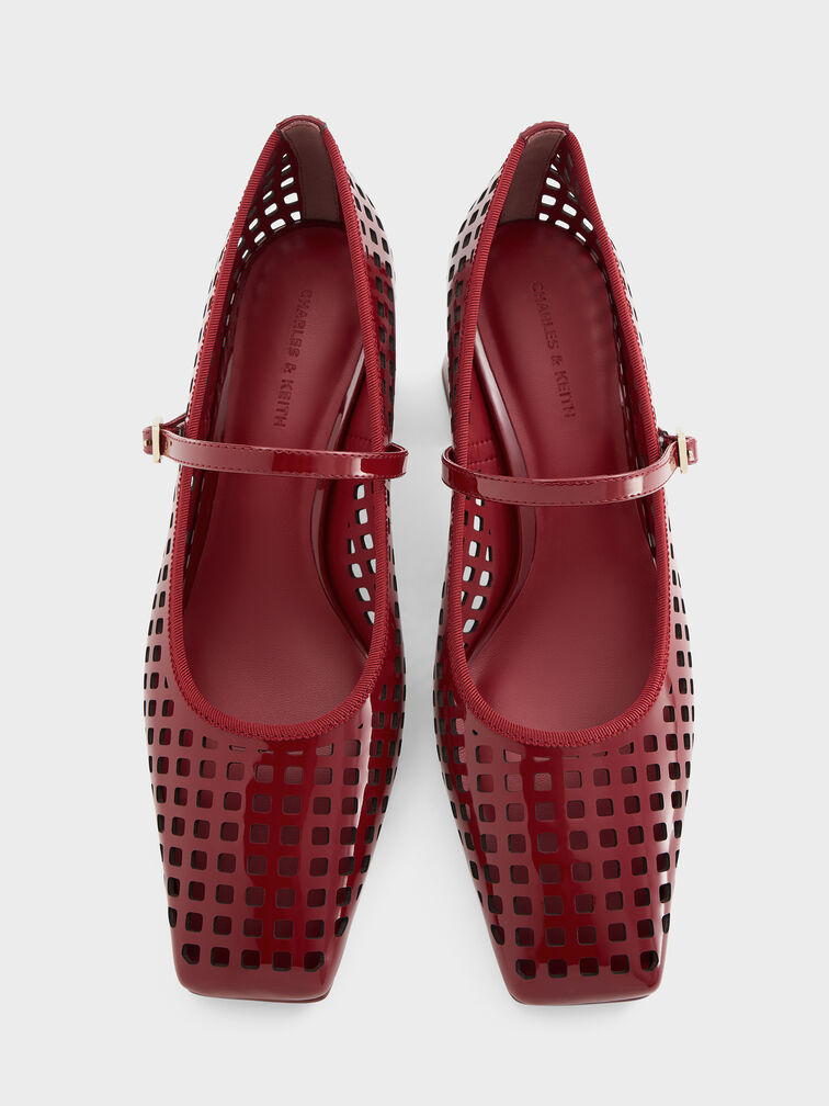 Patent Perforated Square-Toe Block-Heel Mary Jane Pumps, Red, hi-res