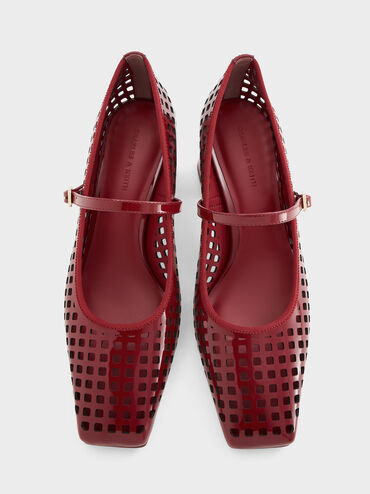 Patent Perforated Square-Toe Block-Heel Mary Jane Pumps, Red, hi-res