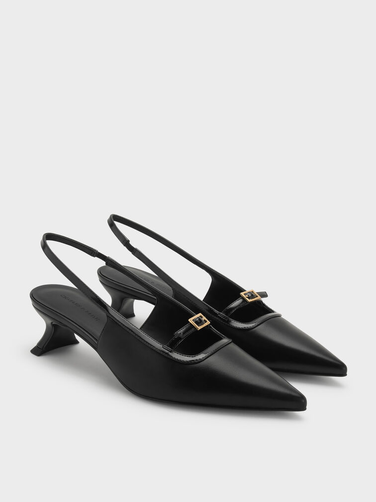 Buckle-Strap Slingback Pumps, Black, hi-res