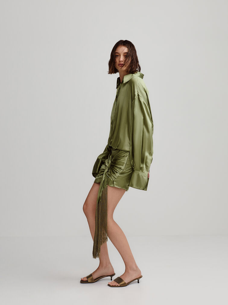 Susie Satin Kitten-Heel Mules, Olive, hi-res