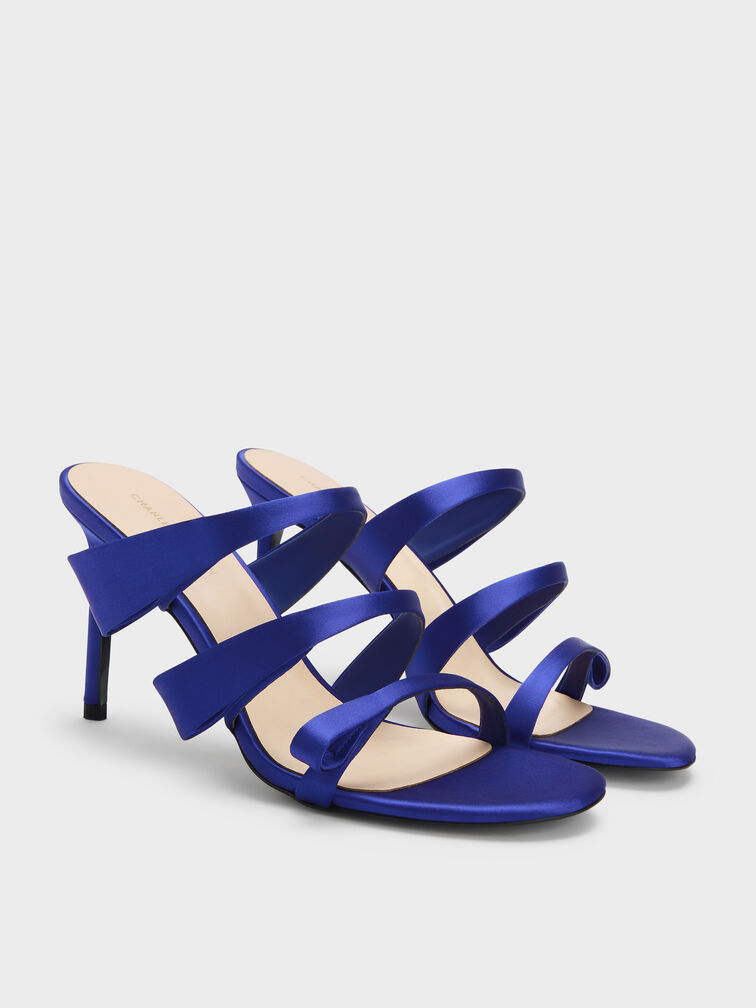 Satin Triple Pleated-Strap Stiletto Heels, Blue, hi-res