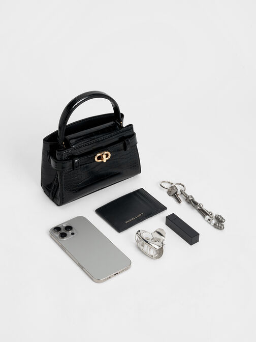Aubrielle Croc-Effect Belted Top Handle Bag, Black, hi-res
