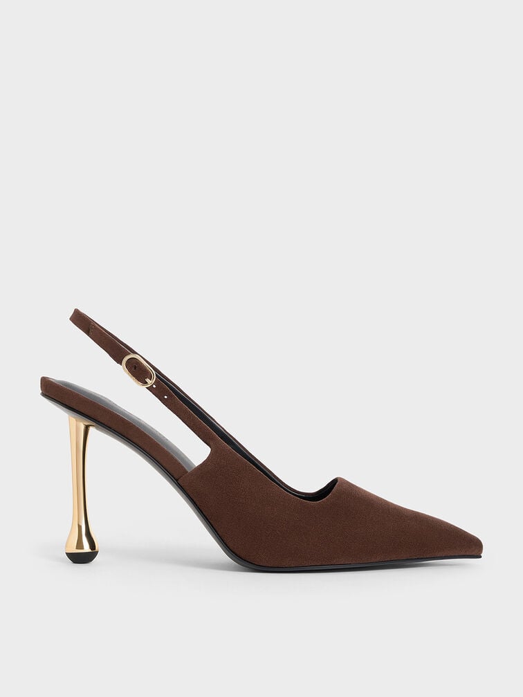 Faux Suede Sculptural-Heel Pointed Pumps, Dark Brown, hi-res