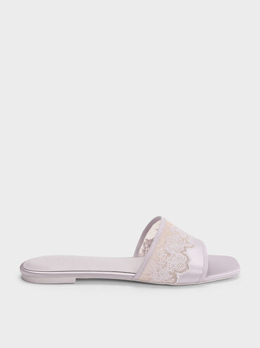 Satin Embroidered-Mesh Slide Sandals, Lilac, hi-res