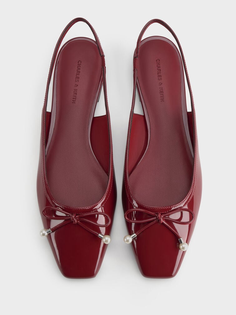 Barbara Patent Pearl-Bow Slingback Flats, Red, hi-res