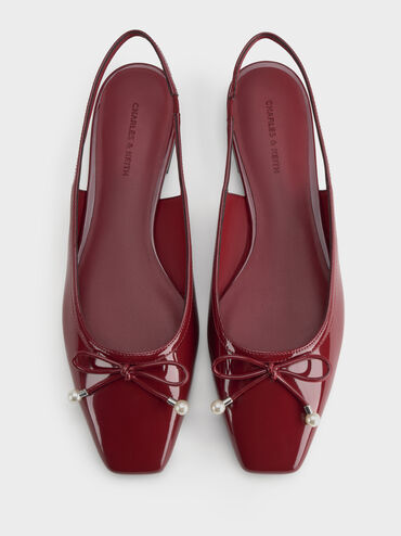 Barbara Patent Pearl-Bow Slingback Flats, Red, hi-res