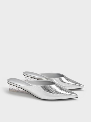 Metallic Speckled-Heel Wedge Mules​, Silver, hi-res