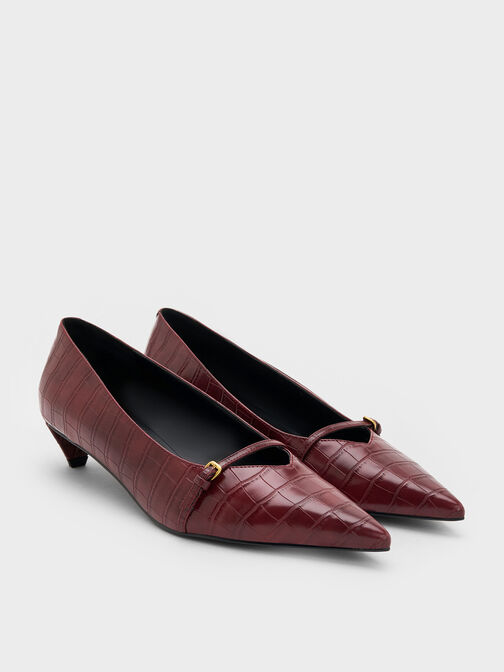Croc-Effect Buckled Pointed-Toe Kitten-Heel Pumps, Animal Print Red, hi-res