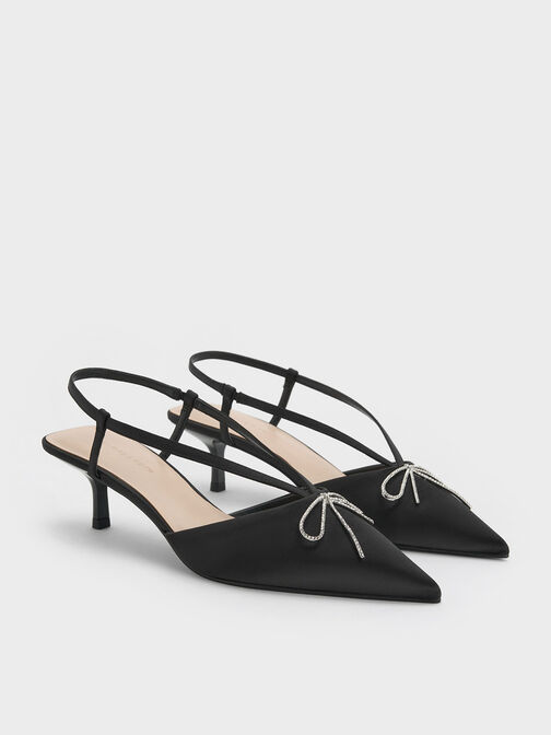Crystal-Bow Kitten-Heel Slingback Pumps, Black Textured, hi-res