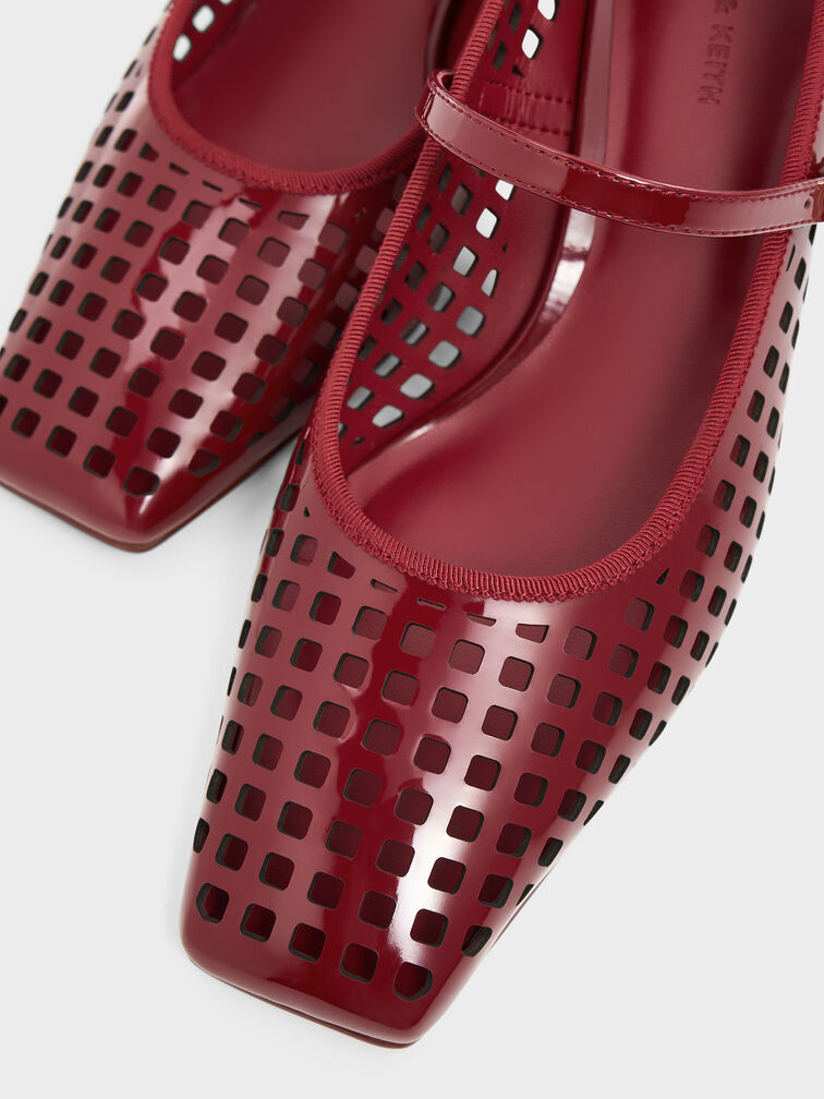Patent Perforated Square-Toe Block-Heel Mary Jane Pumps, Red, hi-res