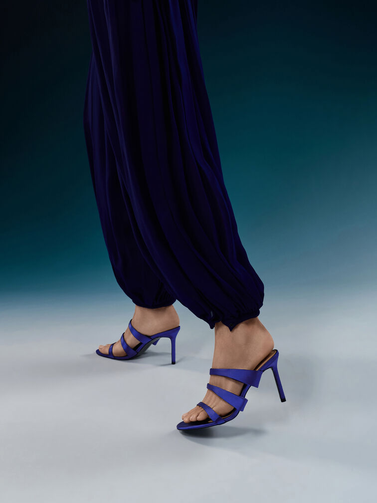 Satin Triple Pleated-Strap Stiletto Heels, Blue, hi-res