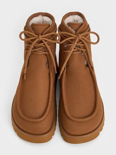 Textured Fur-Lined Ridged-Sole Ankle Boots, Brown, hi-res