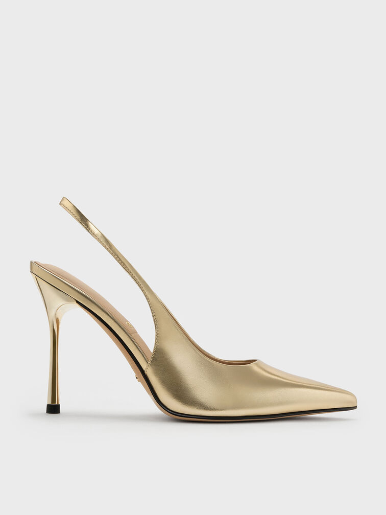Metallic Leather Slingback Stiletto Pumps, Gold, hi-res