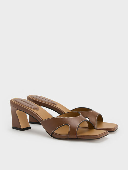 Cut-Out Square-Toe Heeled Mules, Cognac, hi-res