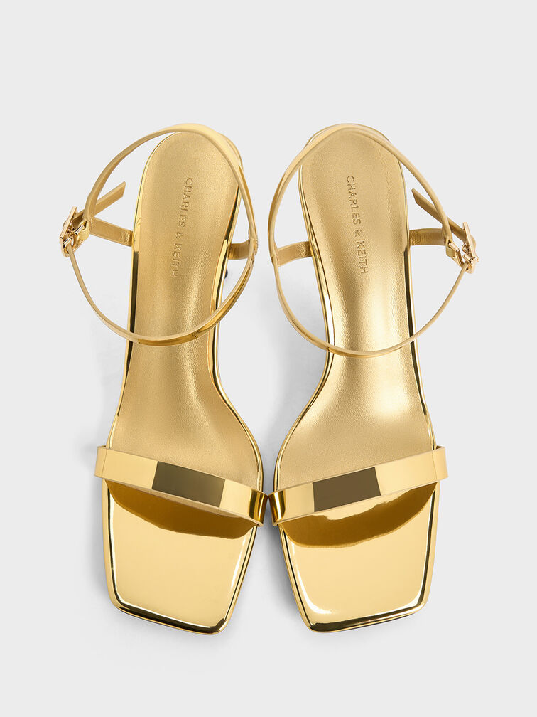 Metallic Ankle-Strap Heeled Sandals, Gold, hi-res
