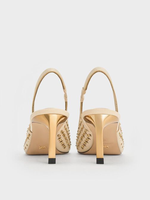 Studded Cut-Out Kitten-Heel Slingback Pumps, Cream, hi-res