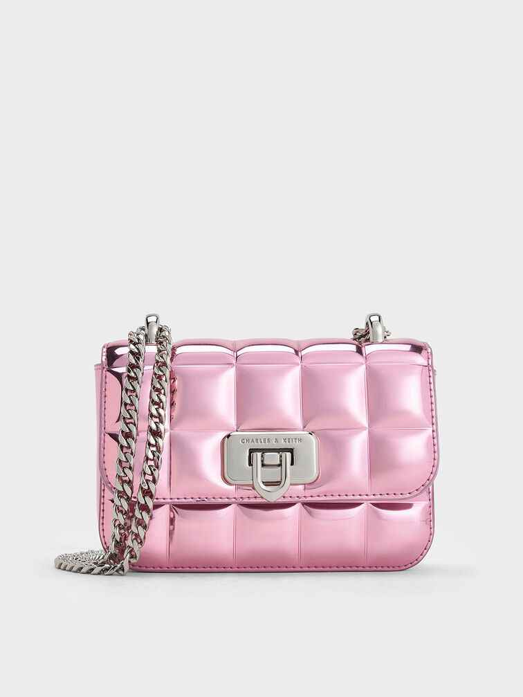 Metallic Square-Quilted Chain-Handle Bag, Pink, hi-res